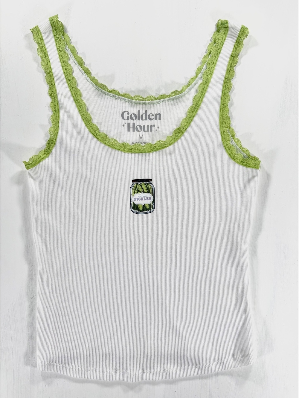 Golden Hour Pickle Graphic Lace Trim Tank Top Sz M Coquette Quirky